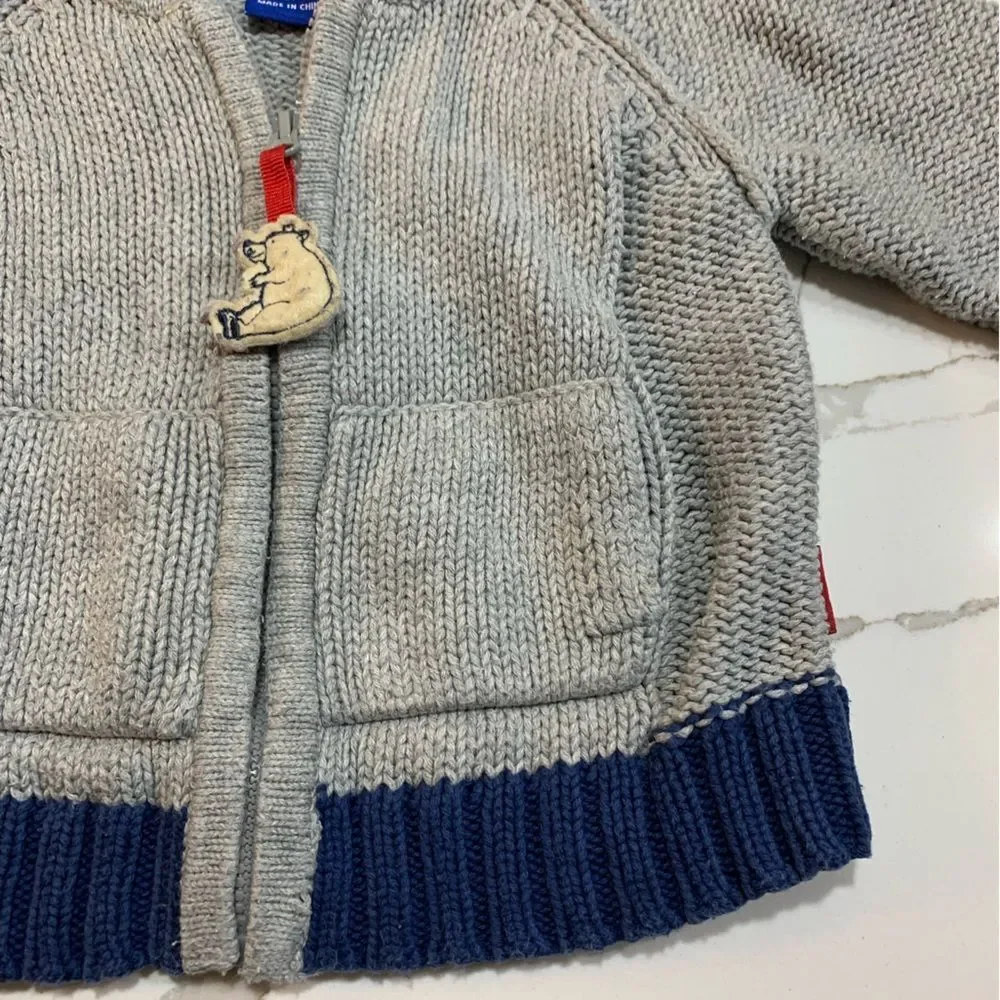 GENUINE Baby OshKosh Boys Grey Blue Full Zip Hooded Knit Cardigan Sweater 6M